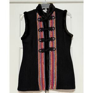 Boho Mythology Black Wool Vest with Embroidered Trim, Size M